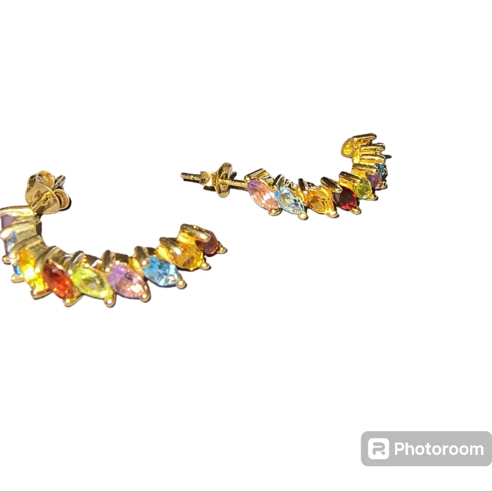 Multi Gemstone & 18K Gold Vermeil Sterling Silver Half Hoop Earrings Brand New